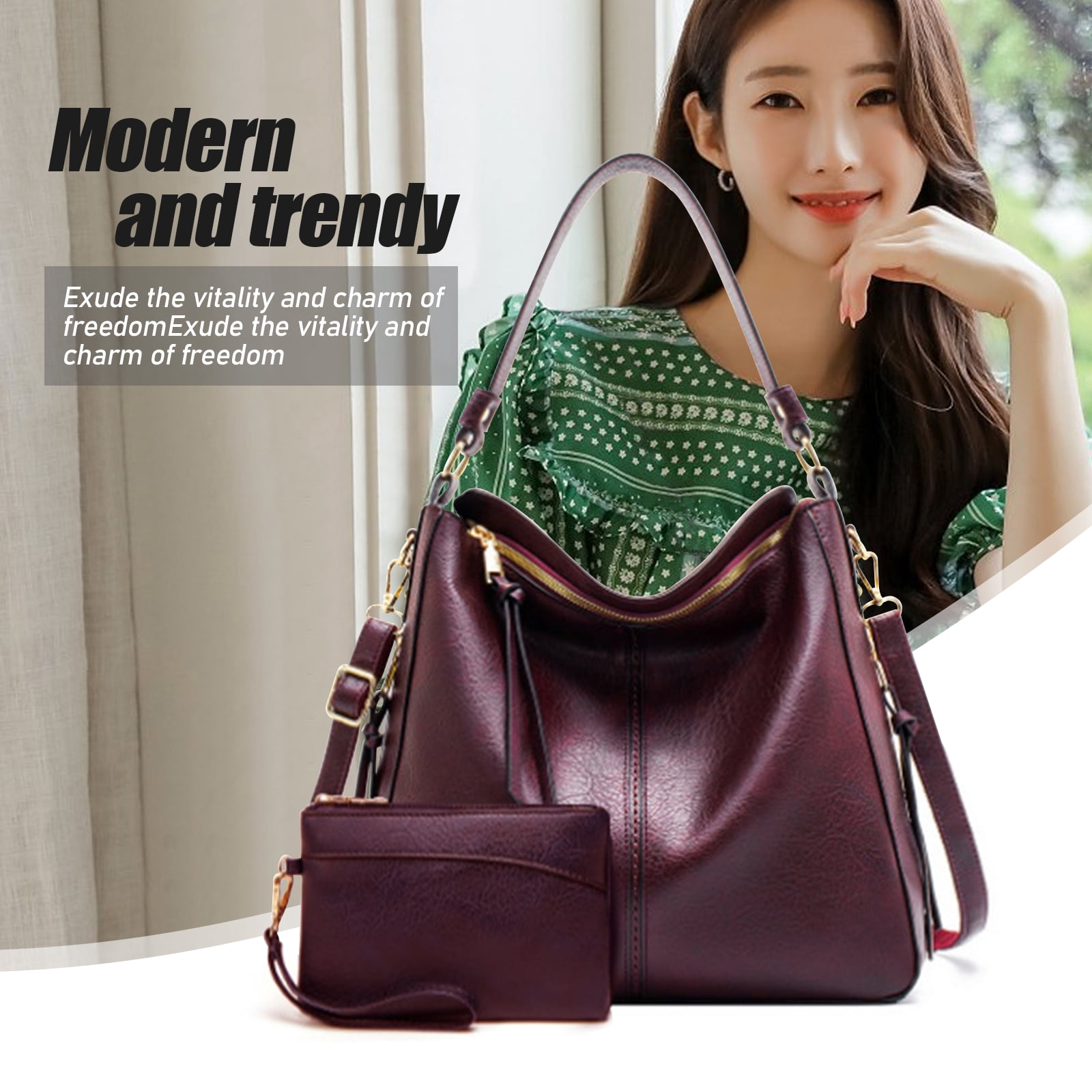 Arcticwind Shoulder Purse Handbag for Women, Hobo Tote Bags, Shoulder bag for Women, Vintage Simple style, wIth small bag & long shoulder stra, Purplish red style