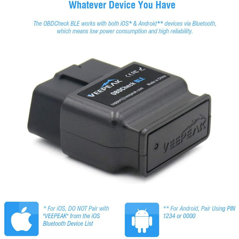 Veepeak OBDCheck BLE OBD2 Bluetooth Scanner Auto OBD II Diagnostic Scan  Tool for iOS & Android, Bluetooth 4.0 Car Check Engine Light Code Reader  Supports Torque, OBD Fusion app 