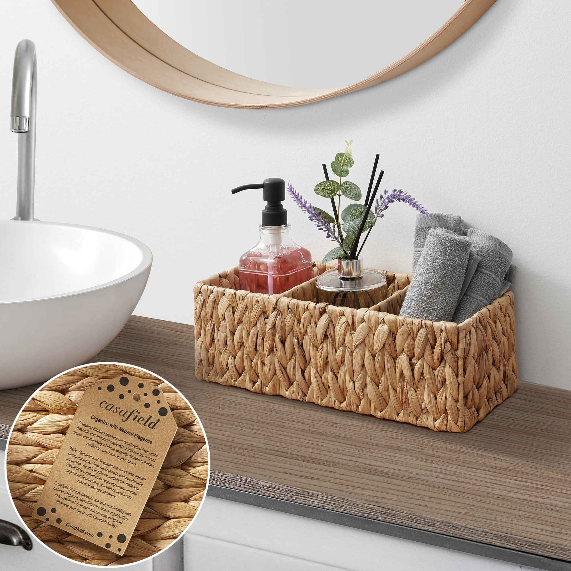 Casafield Set of 2 Water Hyacinth Storage Baskets with 3 Sections, Natural - Woven Bin Organizers for Bathroom, Laundry, Pantry, Office, Shelves