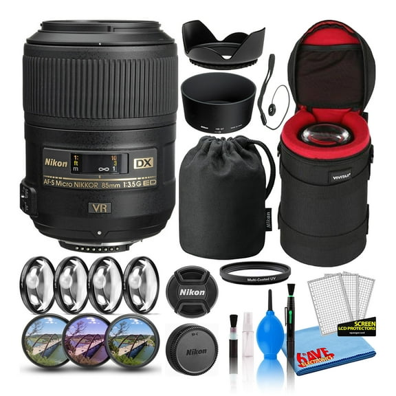 Nikon AF-S DX Micro NIKKOR 85mm f/3.5G ED VR Lens (2190) Intl with Padded Lens Case   Macro Filter Kit   UV, CPL, FL Lens Filters   Tulip Hood   Lens Cap Keeper   Cleaning Kit