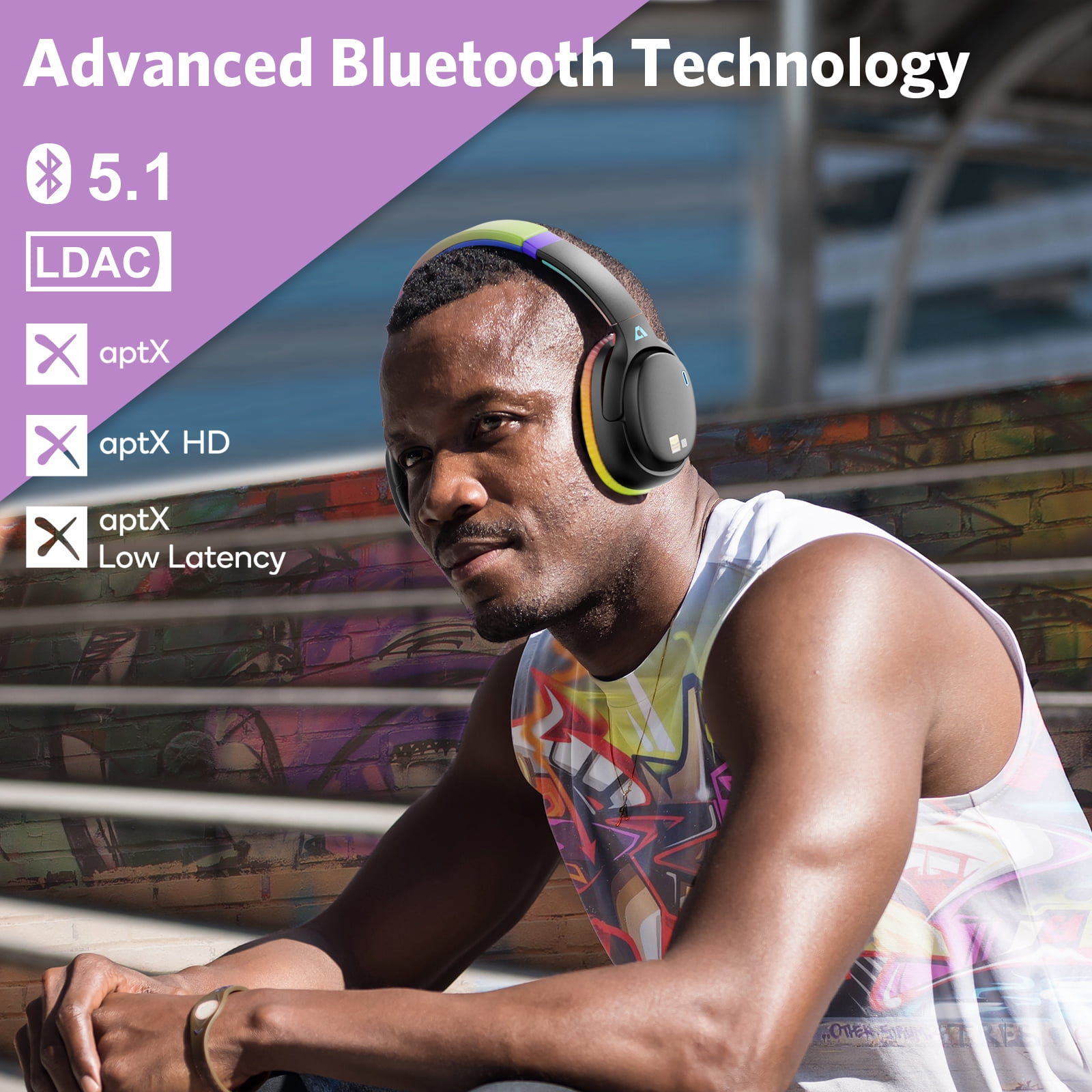 Ankbit E700 Noise Cancelling Headphones with LDAC, Wireless Bluetooth 5.1 Over Ear Headphones with Microphone, 60H Playtime, Colorful