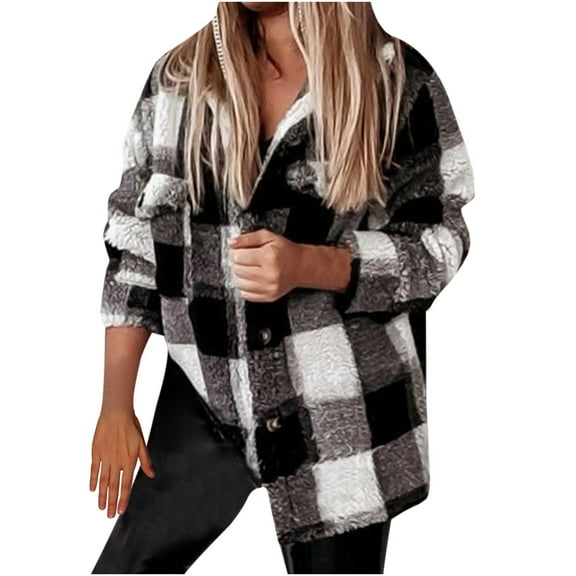 yoeyez Women Flannel Jacket Cozy Long Sleeve Plaid Buttons Shacket Teddy Woolen Fleece Cardigan Coat Fall Winter Top
