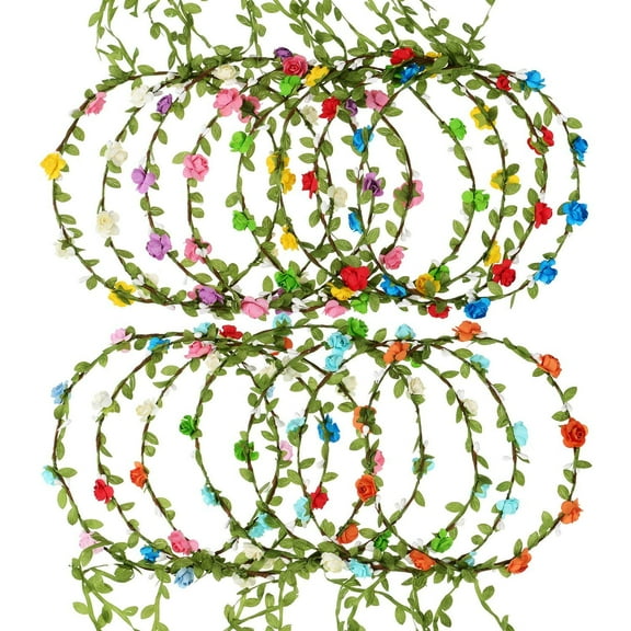 15pcs Assorted Colored Flower Crown Wreath Headband Garland Multicolor Headbands Floral Headpiece for Wedding Festival Vacation Fairy Party Photography Props