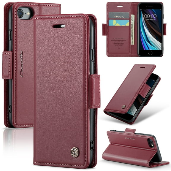 Nalacover Wallet Case for iPhone 7 / iPhone 8 / iPhone SE 2020, Premium PU Leather RFID Blocking Magnetic Clasp Cover with Card Slots Holder Kickstand TPU Shockproof Case,Wine