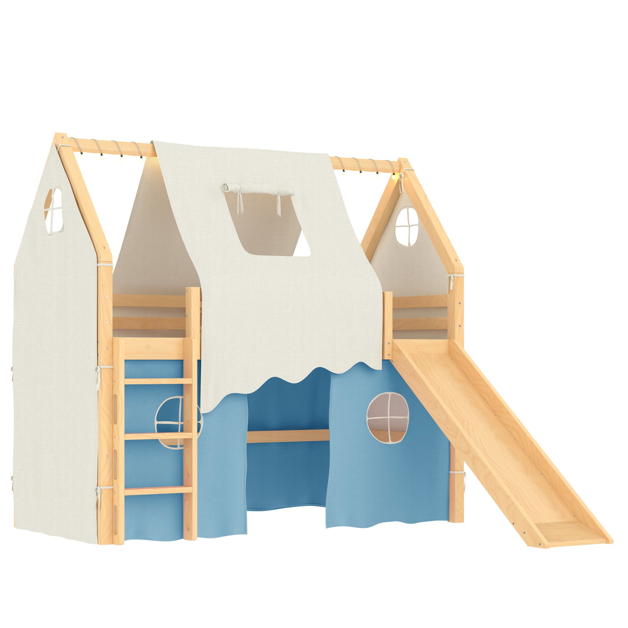 Aukfa Twin Size Loft Bed with Slide, Tent, Sills & LED Lights, Solid Wood House Loft Bed for Kids, Blue