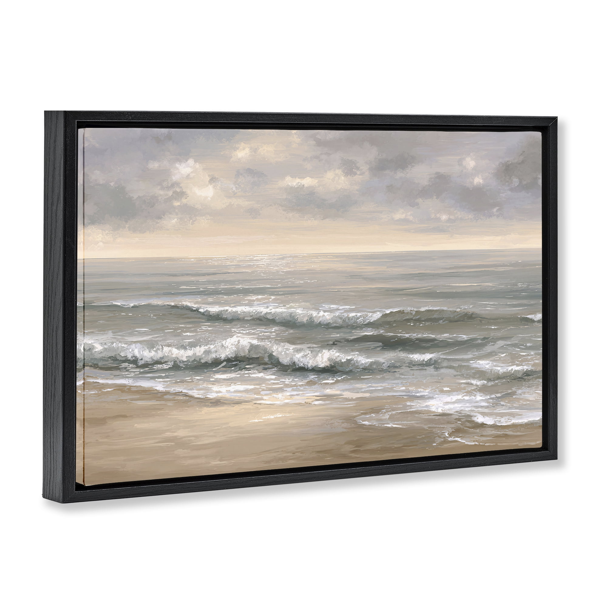 Stupell Industries Soft Rolling Beach Waves Black Framed Floater Canvas Wall Art, design by Jacky Ngan