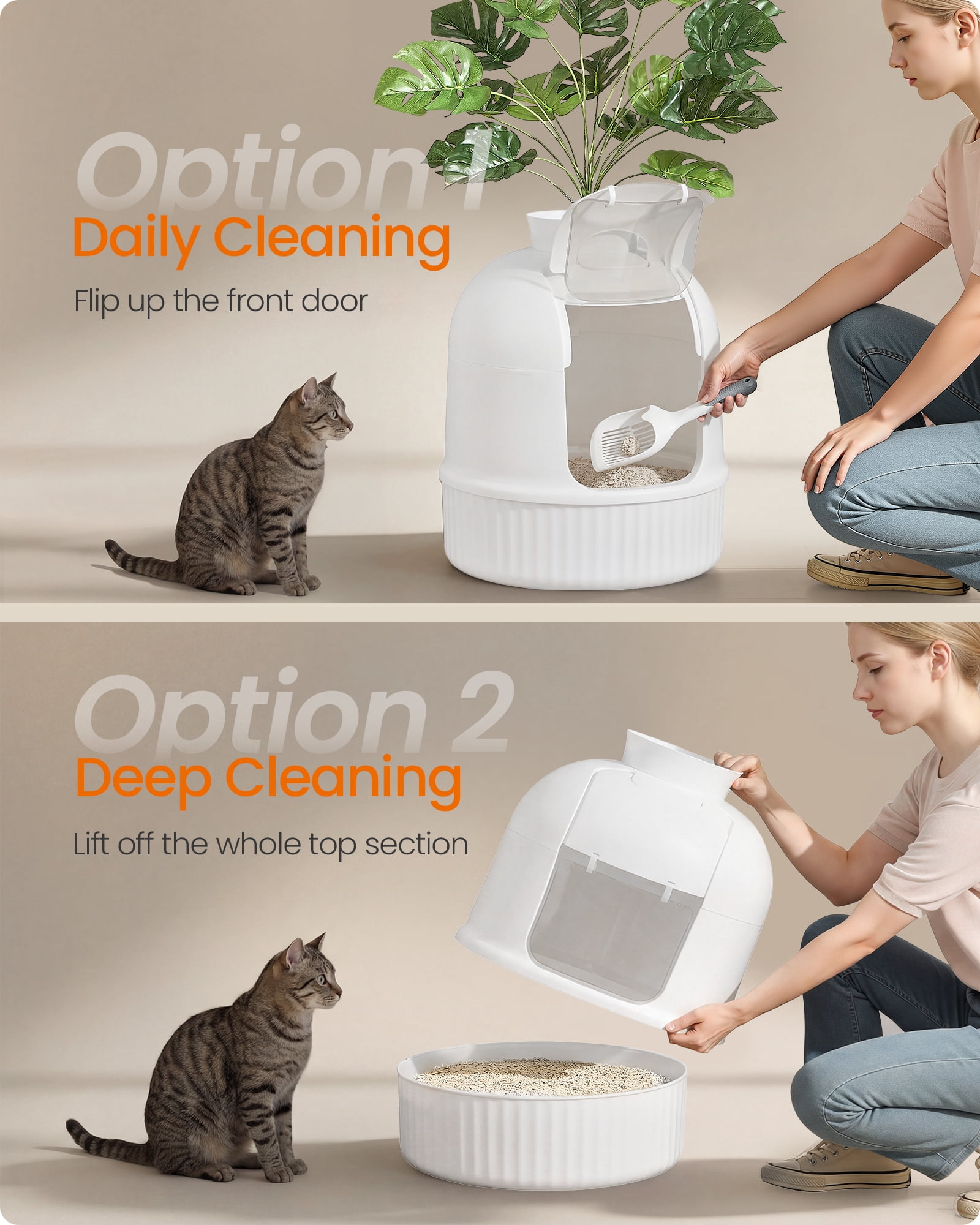 Feandrea Plant Cat Litter Box Enclosure with Artificial Plant, Enclosed Hidden Litter Box Furniture with Door, Carbon Filter, Cloud White