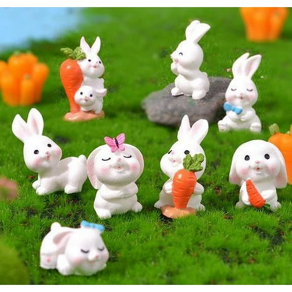 QIDITONG 8pcs Mini Bunny Figurines Miniature Resin Rabbits Tiny Bunnies For Fairy Garden Home Desktop Decor Birthday Holiday Decorations