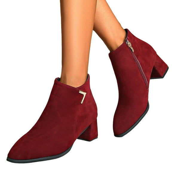 Women's Vintage Sued Dress Ankle Boots Casual Pointed Toe Chunky Mid Heel Fall Booties with Side Zipper