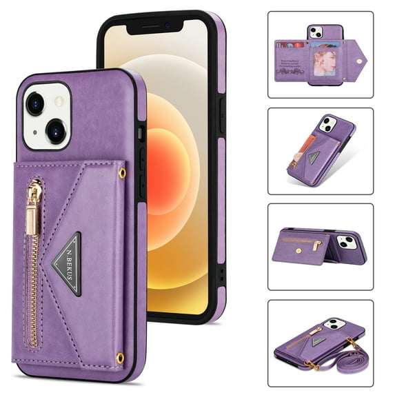 ELEHOLD Leather Wallet Case for iPhone 13 6.1 inch with Card Slots Zipper Pocket Kickstand Function Adjustable Crossbody Shoulder Strap Shockproof Purse Phone Case ,Purple