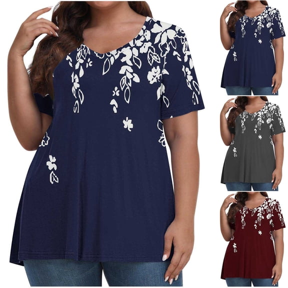 Tops Plus Size Tops Fashion Women's Casual-Neck Solid Plus Large Short Sleeve Top Blouse T-Shirt Navy Xxxxxl