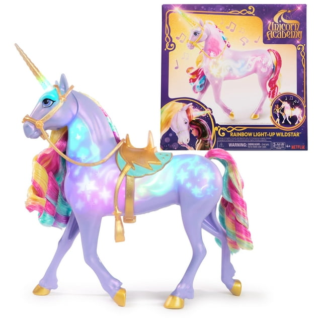 Unicorn Academy, juguete interactivo de unicornio Wildstar iluminado con arcoíris con luces, sonidos y música, muñecas y juguetes de unicornio para niñas de 4 años en adelante