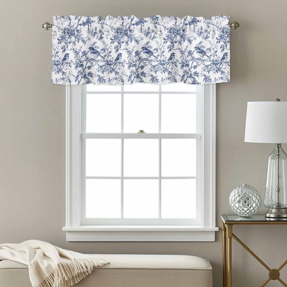 Blue Bird Tree Branches Window Valance for Kitchen, Country Vintage Bird Flower Leaf Rod Pocket Short Curtain for Small Windows, Light Filtering Decorative Valance, 42 x 12 Inch, 1 Panel