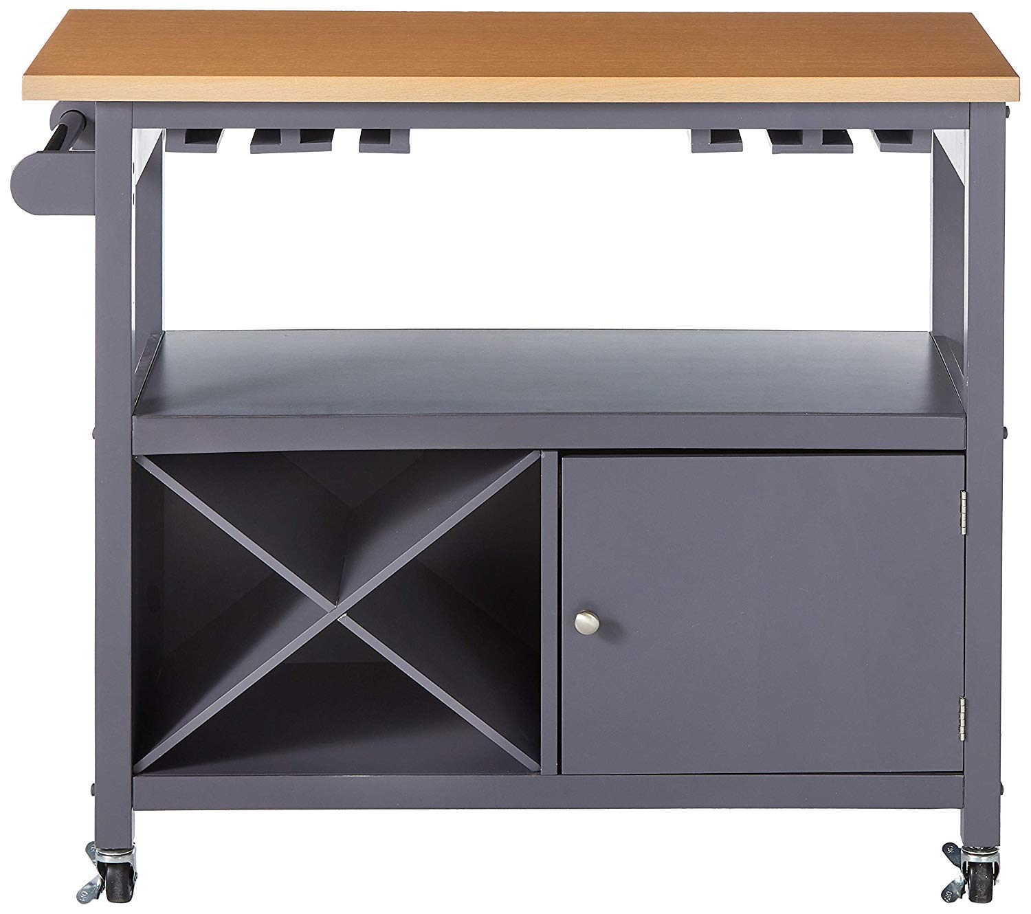 Jose Portable Kitchen Island Serving Cart With Storage Cabinet & Wine Rack, Gray & Natural Wood, Transitional - image 3 of 7