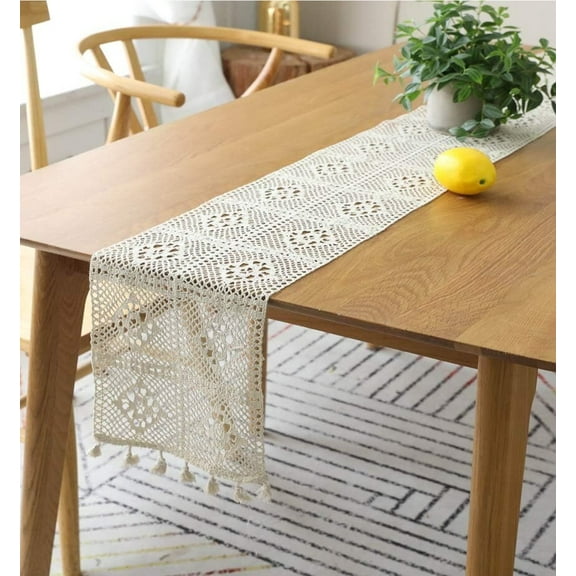 Vintage Handmade Crochet Lace Table Runner with Tassels Rectangle Coffee Table Dresser Decor (Black, 9 x 55 Inch)
