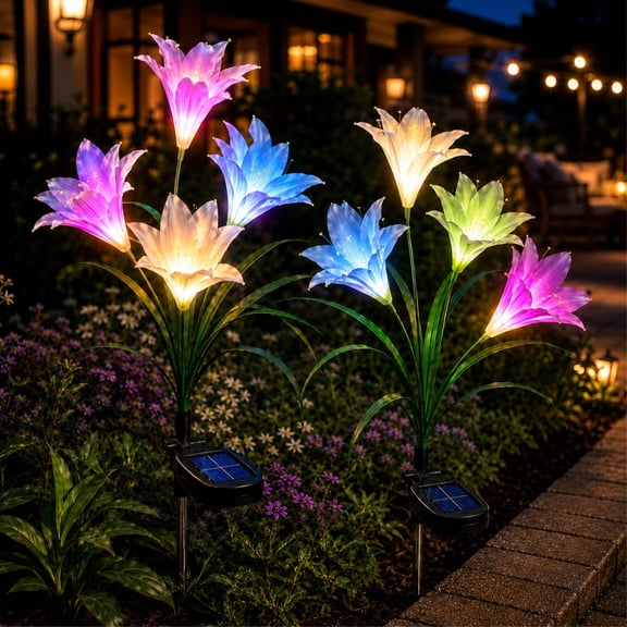 Outdoor Solar Garden Stake Lights, Solar Powered Lights with 8 Lily Flower(White), Multi-color Changing LED Solar Stake Lights for Garden, Patio, Backyard