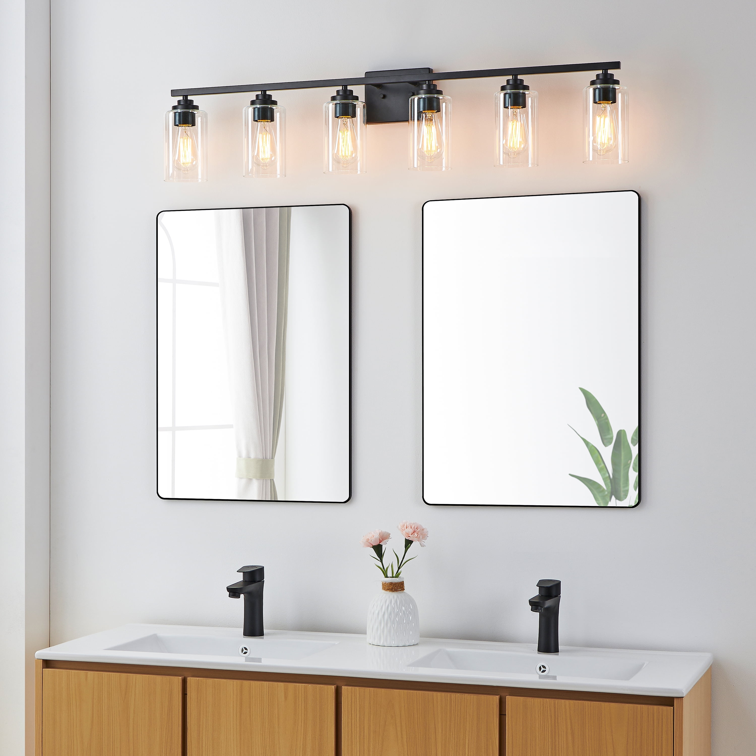 KAWOTI 6-Light Dimmable Vanity Light with Clear Glass Shade, Black Modern Bathroom Vanity Light Fixtures