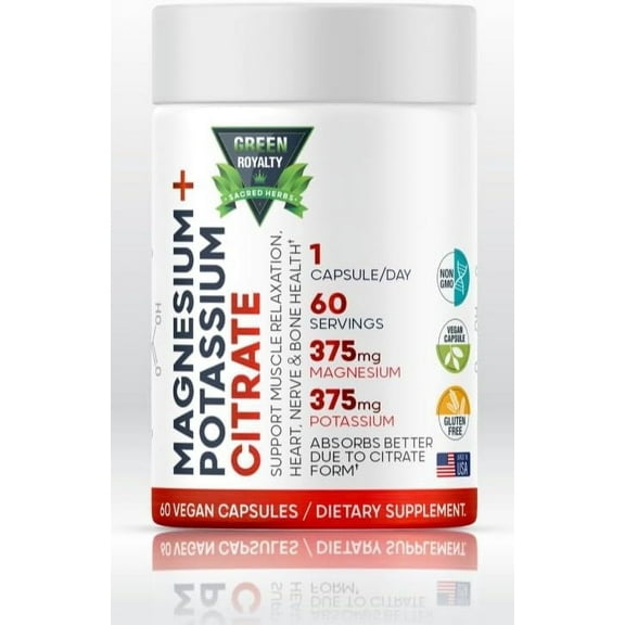 GREEN ROYALTY-Magnesium Citrate   Potassium 60 Premium Vegan Capsules(Citrate 375 mg)   (375mg Potassium) Non GMO, Gluten Free - High Absorption Supplement Made in USA