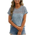 thumbnail image 2 of Juslio Women Openwork Short Sleeve Shirts Crew Neck Comfortable Loose Light Blue Patchwork Lace Tops, 2 of 9