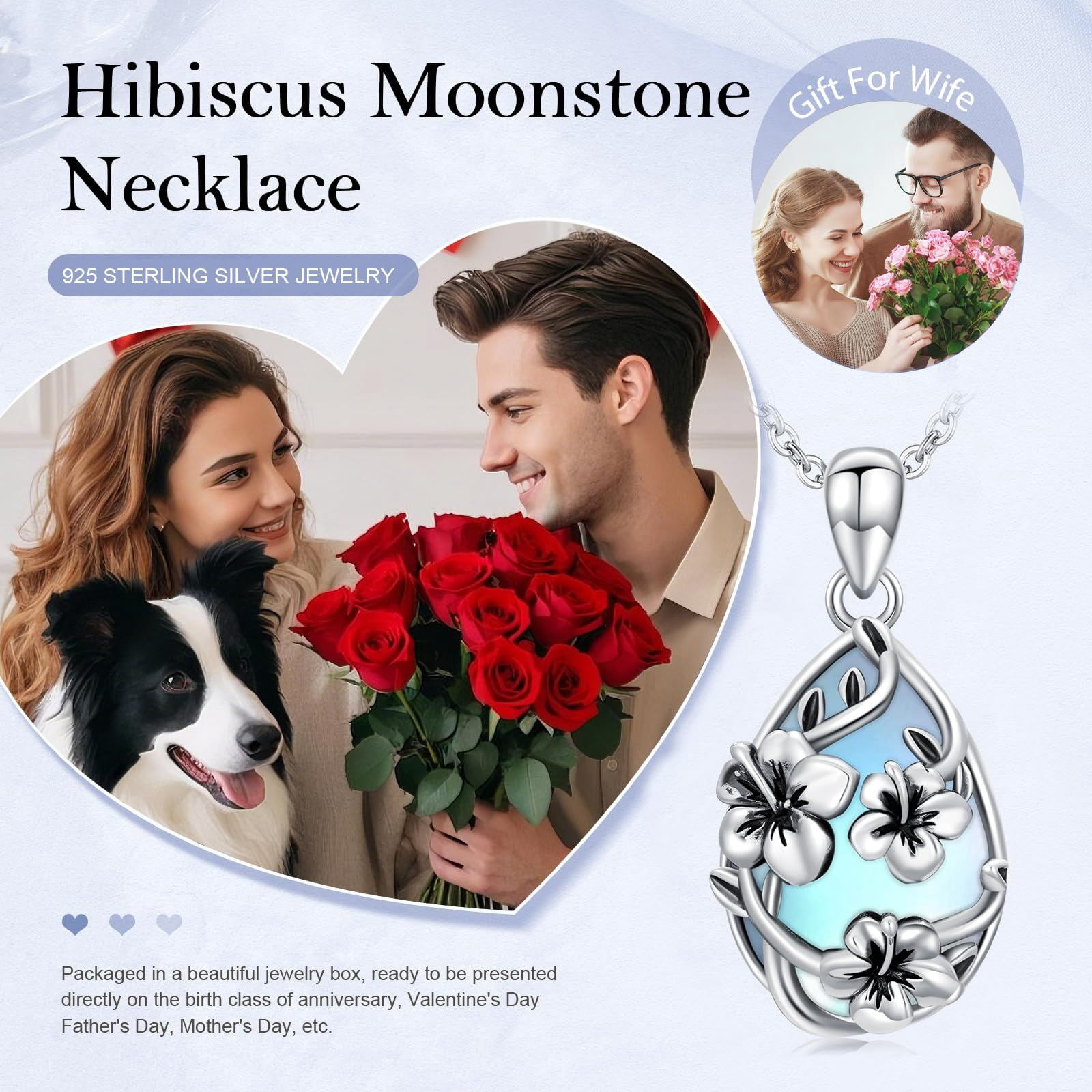 Coachuhhar Hibiscus Necklace 925 Sterling Silver Moonstone Hawaii Flower Pendant Necklace Hawaiian Jewelry Gifts Christmas for Women Mother Wife