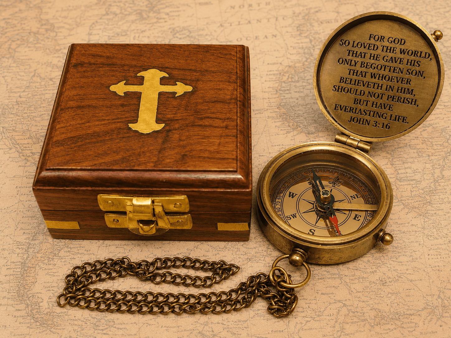 Engraved Brass Compass with Wooden Display Box – John 3:16 Bible Verse Religious Gift – Antique Style Nautical Pocket Compass for Baptism, Confirmation, or Missionary Gift