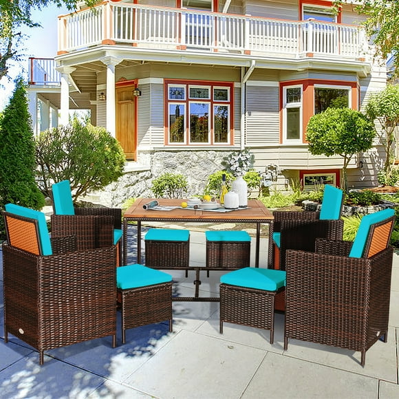 Gymax 9PCS Rattan Wicker Patio Dining Set Outdoor Furniture Set w/ Turquoise Cushion