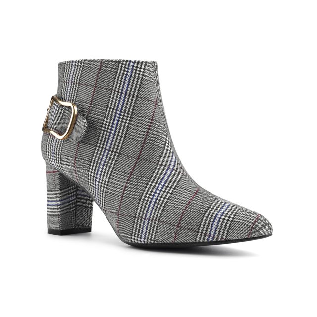 Unique Bargains Women's Plaid Point Toe Side Zip Chunky Heels Ankle Boots