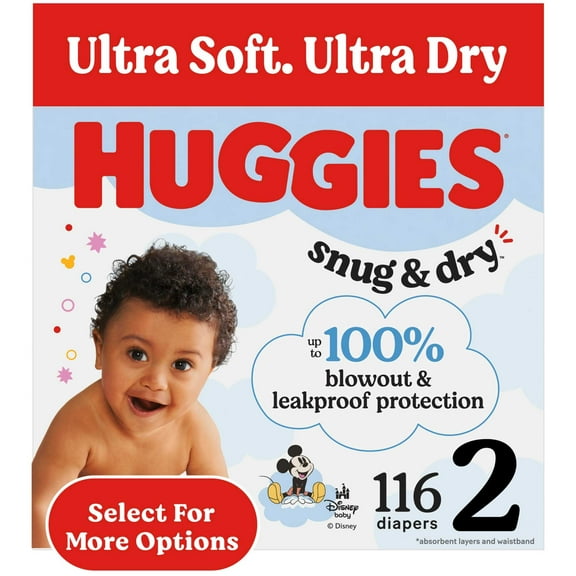 Huggies Snug & Dry Baby Diapers, Size 2 (12-18 lbs), 116 Count (Select for More)