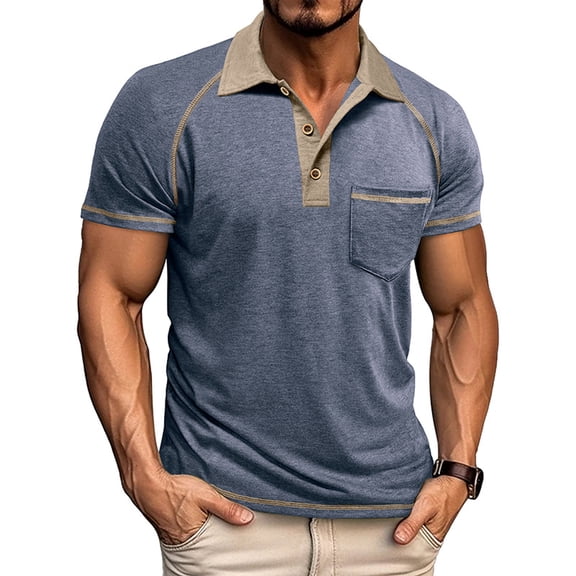 Men's Collared Polo Shirt Short Sleeve Contrast Trim & Pocket Casual T-Shirt Stylish & Breathable For Spring And Summer Daily Wear Tops,Blue,XL