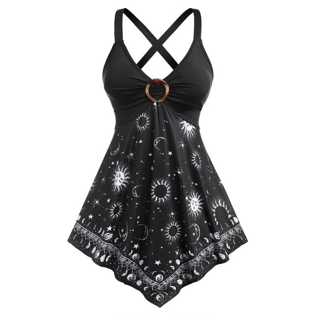 Tank Top de Talla Extra con Anillo Cruzado con Estampado de Luna y Luna Rosegal Camisetas sin mangas de talla grande