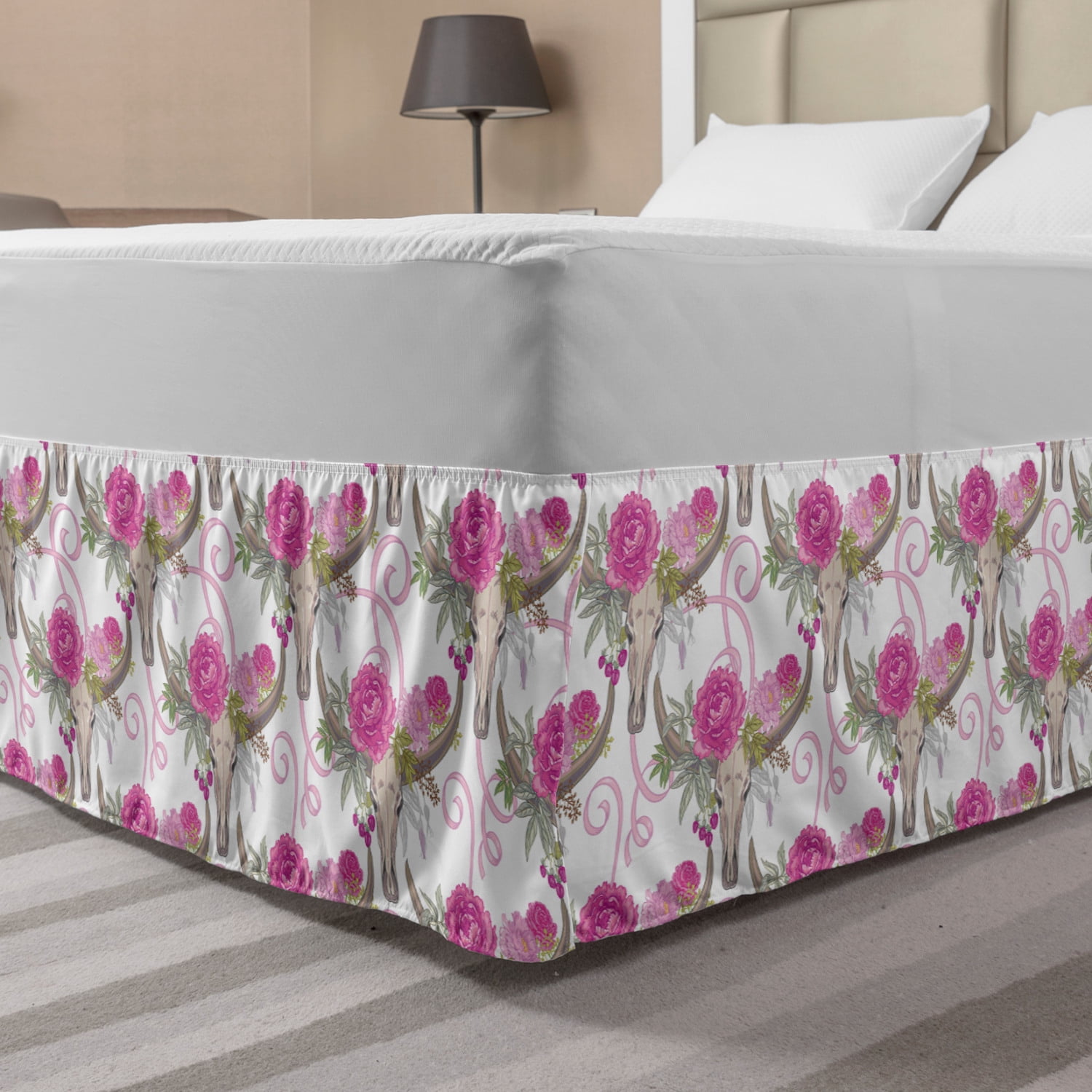 Bohemian Bed Skirt, Buffalo Skull of Peony and Roses Berries Ribbons