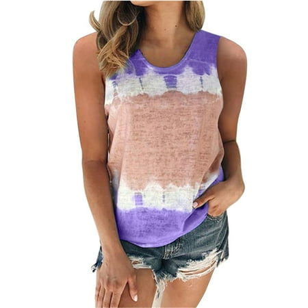 

Fashion Womens Color Block Tie-Dye Sleeveless Crew-Neck Casual Tanks Tops（S-5XL）