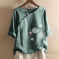 thumbnail image 3 of Scyoekwg Summer Tops for Women Trendy Cotton Linen Short Sleeve T Shirts Casual Round Neck Button Dandelion Print Graphic Shirts Loose Fit Blouses Tunic (#C=Green,S), 3 of 6