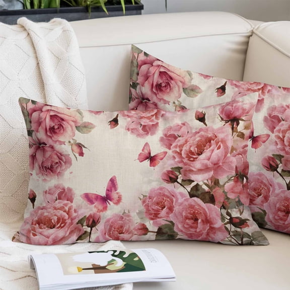Pink Roses Pillow Covers 16"x24", Spring Floral Elegant Pastoral Butterfly Retro Soft Brushed Microfiber Breathable Throw Pillow Covers, Pillowcase with Zipper for Couch Sofa Bedroom Living Room