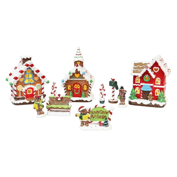 Gingerbread Village 10-Piece Set LED Lighted Christmas Village Scene Handcrafted Polyresin Holiday Décor Battery Operated Light Up Gingerbread Houses (Batteries Not Included)