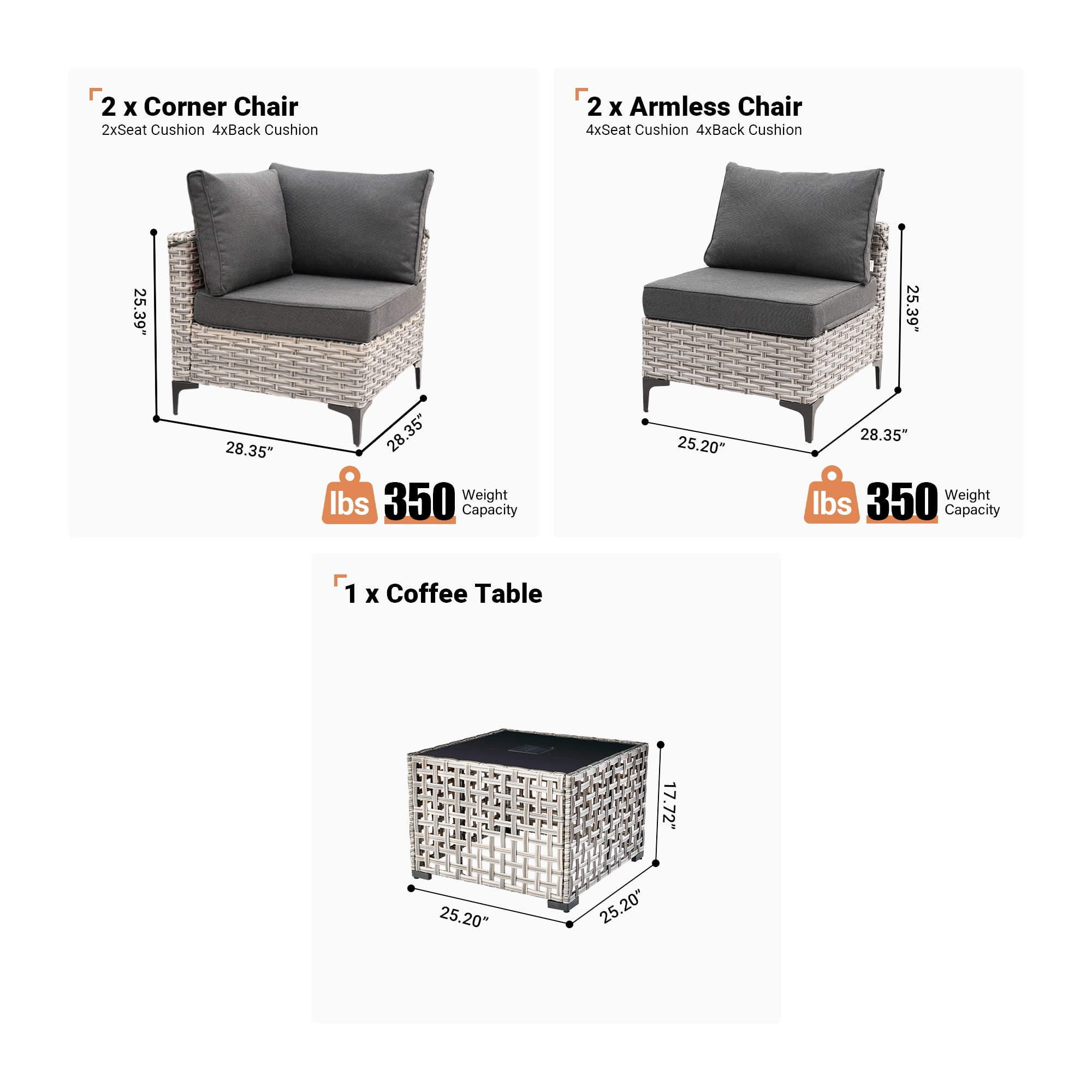 Ovios 5 Pieces Outdoor Patio Furniture Wicker Conversation Sectional with High-Back & Solar Lamps Coffee Table for Backyard
