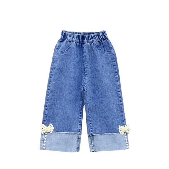 Girls Wide Leg Jeans Kids to Kids Blue Denim Elastic Waist Cropped Pants with Floral Bow Applique Soft Stretchy Play Pants,Size 2-3 T