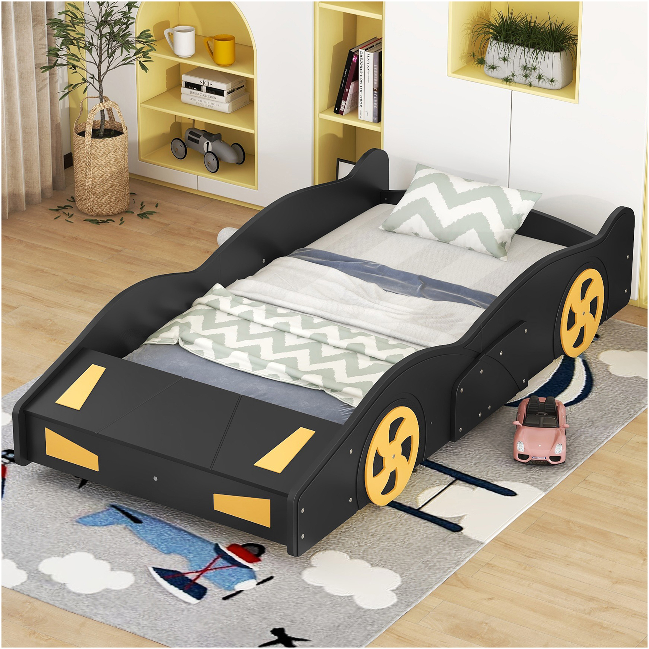 JERFIT Twin Size Race Car Themed Storage Platform Bed Frame with Wheels, Black
