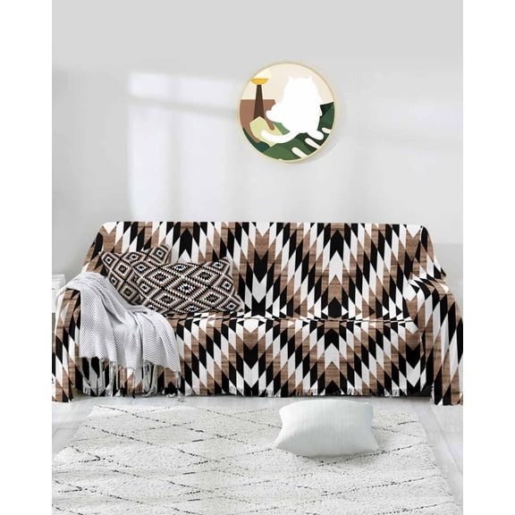 Brown Black Southwest Aztec Sofa Covers for 3 Cushion Couch,Washable Sectional & L Shape Couch Covers for Dog/Cat/Kid,Boho Village Morocco Abstract Art Non Slip Sofa Slipcover Futon Cover 71x150