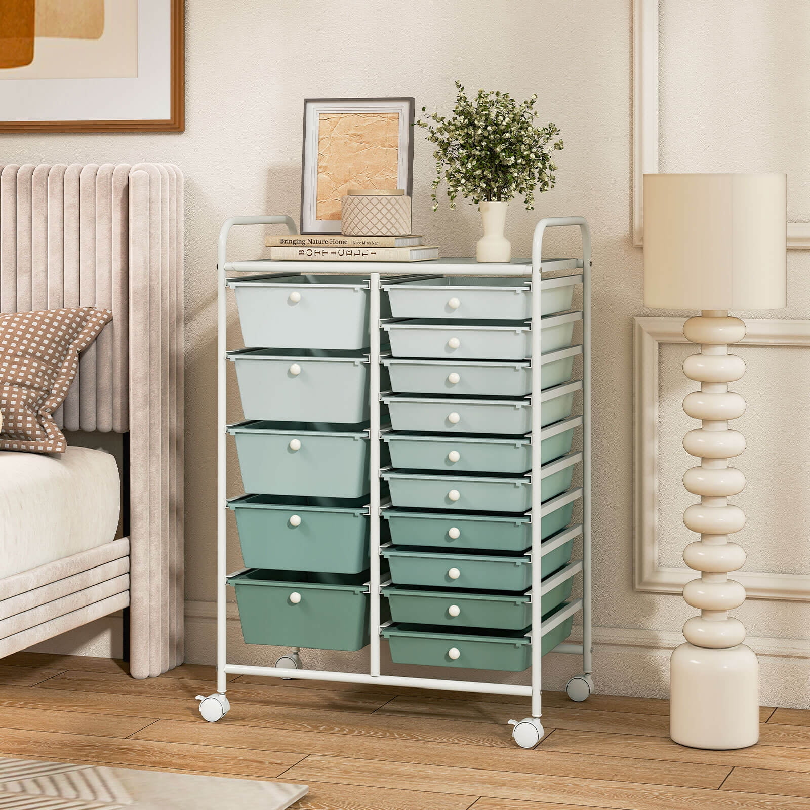 Costway 15-Drawer Rolling Storage Cart Mobile Cart with Colorful Drawers & Metal Frame Gradient Green