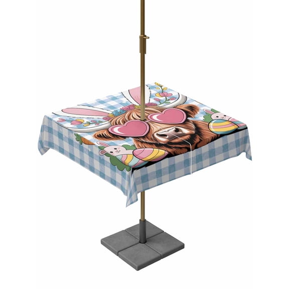Easter Outdoor Tablecloth - 60x60 Inch Square Dining Table Cover, Spring Bunny Cow Carrots Colorful Egg Blue Plaid Waterproof Outdoor Table Cloth with Umbrella Hole & Zipper for Picnic/Patio/Party