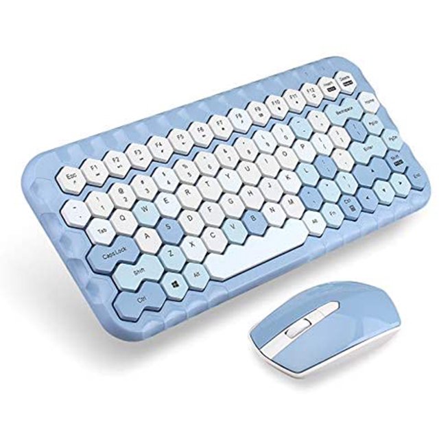 Clavier et Souris Sans Fil Combo 83 Touches en Forme de Ruche à la Mode Connexion Sans Déconnexion 2.4GHz et Design Ergonomique Compatible avec PC, Ordinateur, Portable,IOS, MacBook, MacBook Pro, Dell et HP(Bleu)
