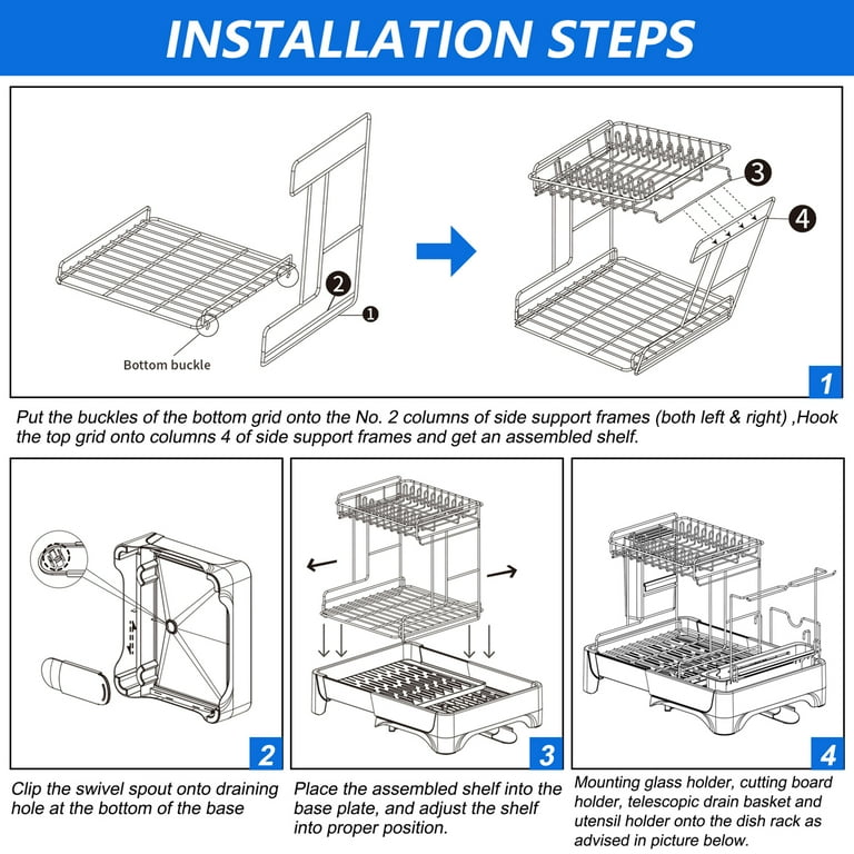 Red Dish Drying Rack Drainboard Set, 2 Tier Stainless Steel Dish Racks with  Drainage, Wine Glass Holder, Utensil Holder and Extra Drying Mat, Large