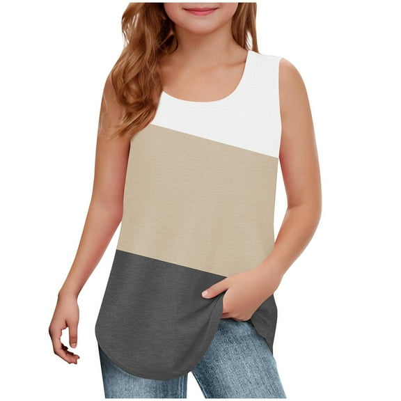DeHolifer Girls Tank Tops Color Block Square Neck Soft Breathable Sleeveless Summer Blouse Casual Loose Tank Tops,Khaki,13-14Years