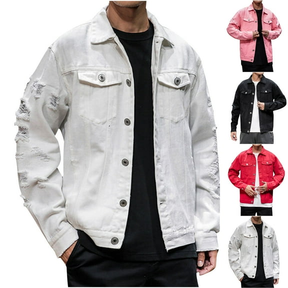 Miluxas Men's Denim Jacket Distressed Ripped Slim Fit Stretch Trucker Jackets Classic Casual Denim Coat White