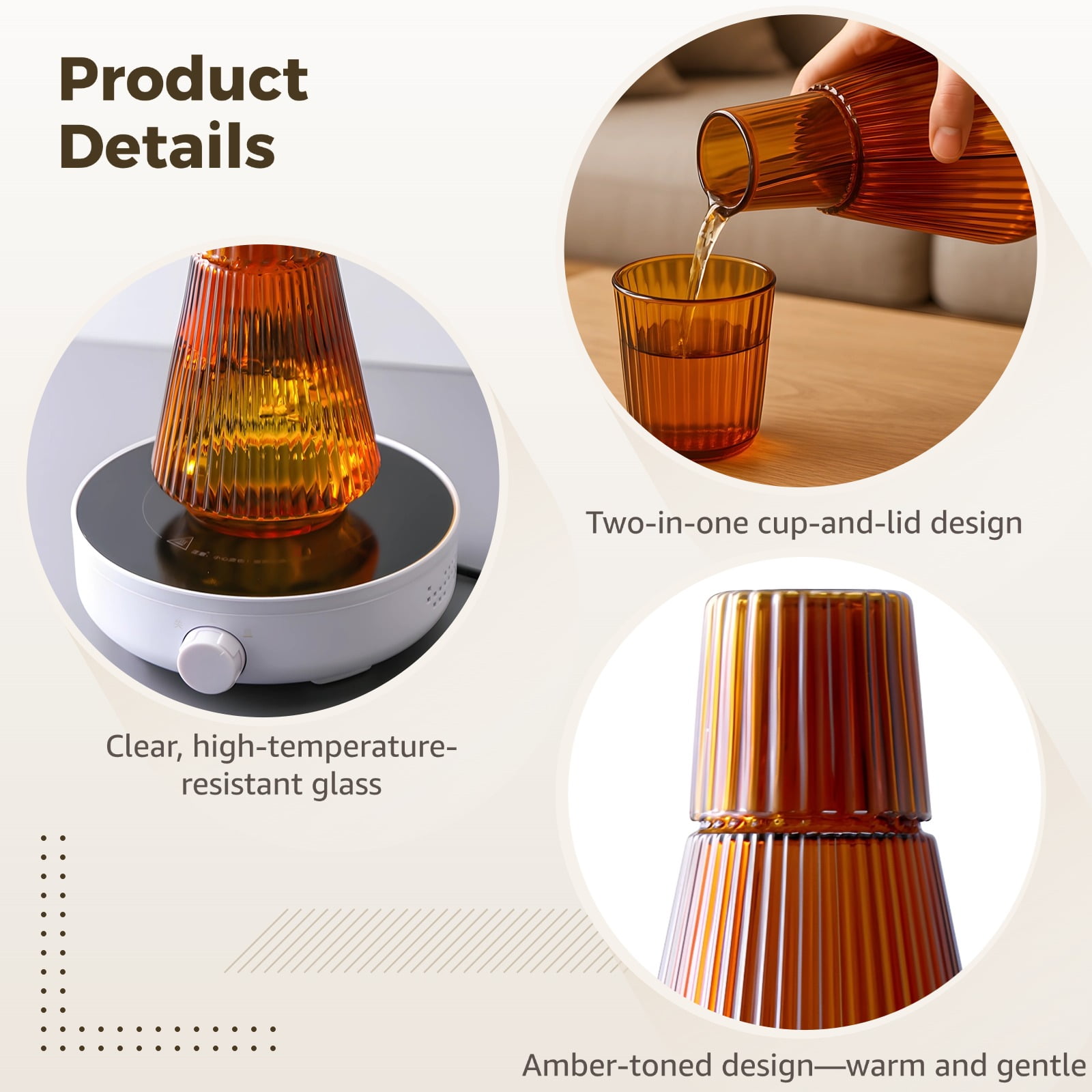 Amber Glass Water Carafe Set with 150 ml Cup, Heat-Resistant Glass Pitcher for Bedside, 1000 ml Capacity with Geometric Design, Ideal for Nightstand Use, Elegant Home Decor Gift Set