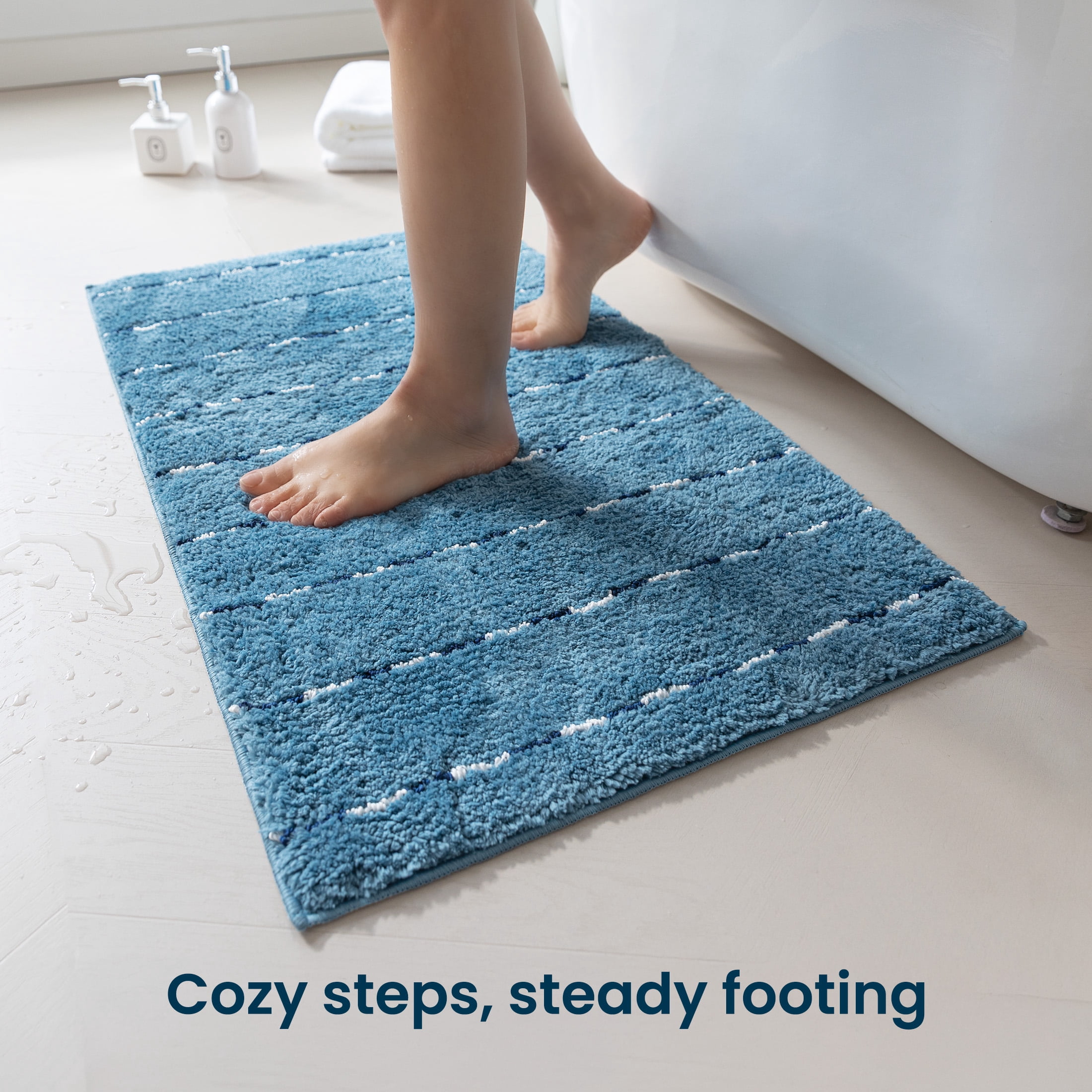 Sleep Zone Bathroom Rugs Bath Mat Set of 3 Ultra Soft surface Striped Space-Dyed, Non-Slip Backing, Bath Mats with U-Shaped Toilet for Bathroom Floor, Tub and Shower, Blue