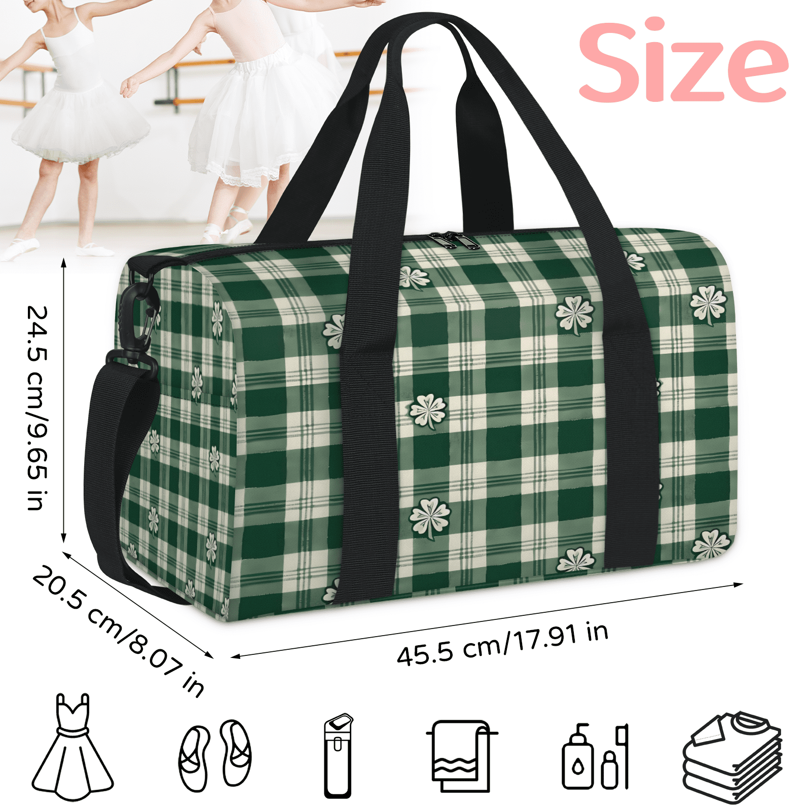 Herdesigns St. Patrick's Day Clover Shamrock Irish Gym Bag for Women, Duffle Bag for Travel Sport, Lightweight Waterproof Carry on Weekender Overnight Dance Yoga Workout Bags