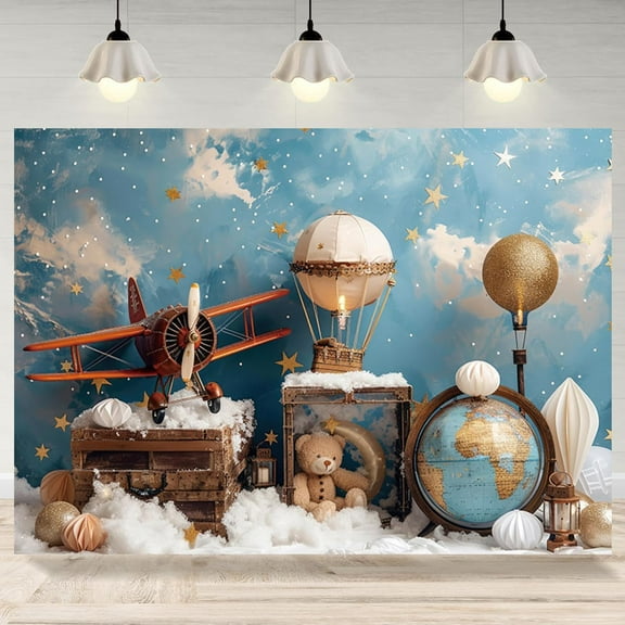 Airplane Birthday Backdrop Vintage Airplane Globe Suitcases Photography Background Travel Around The World Hot Air Balloon Baby Shower Party Decorations Banner Photo Booth Props