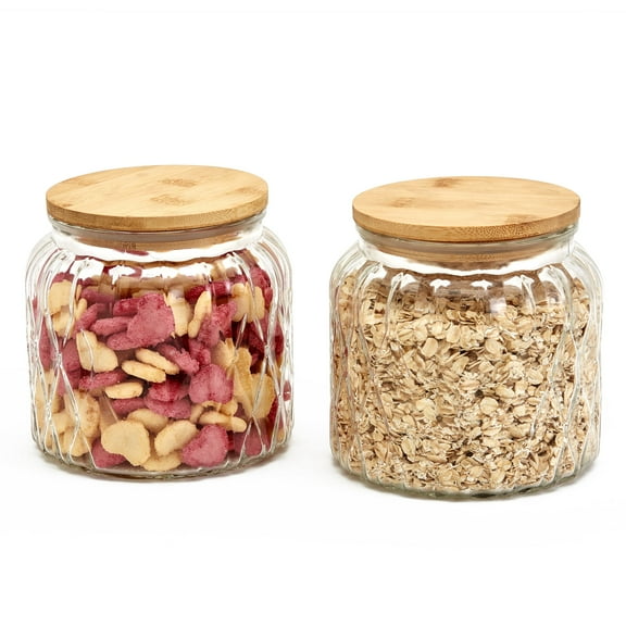 Mason Craft & More Set of 2 Medium Glass Diamond Design Canisters with Bamboo Wood Lids, Clear Mason Jar Storage, 1 Liter (34oz)